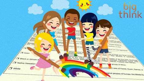 five children drawn in clipart painting a rainbow